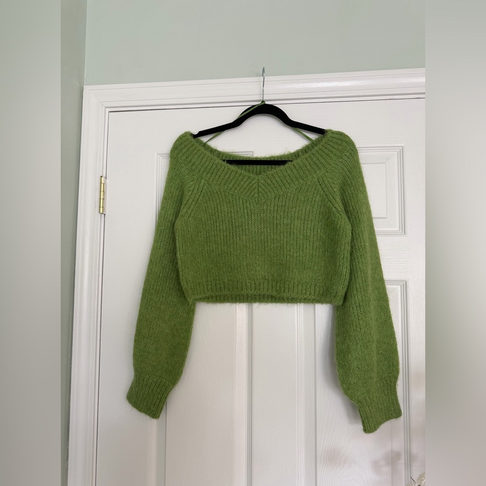 & Other Stories Green Cropped Fuzzy Knit Sweater Balloon Sleeve Pullover